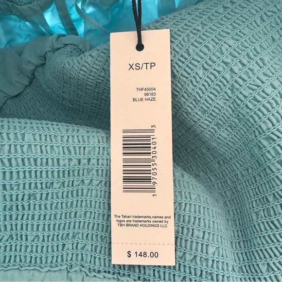 T Tahari Eyelet Midi Dress Blue Off-Shoulder Smocked Bodice Tiered NWT Sz XS - Picture 8 of 15